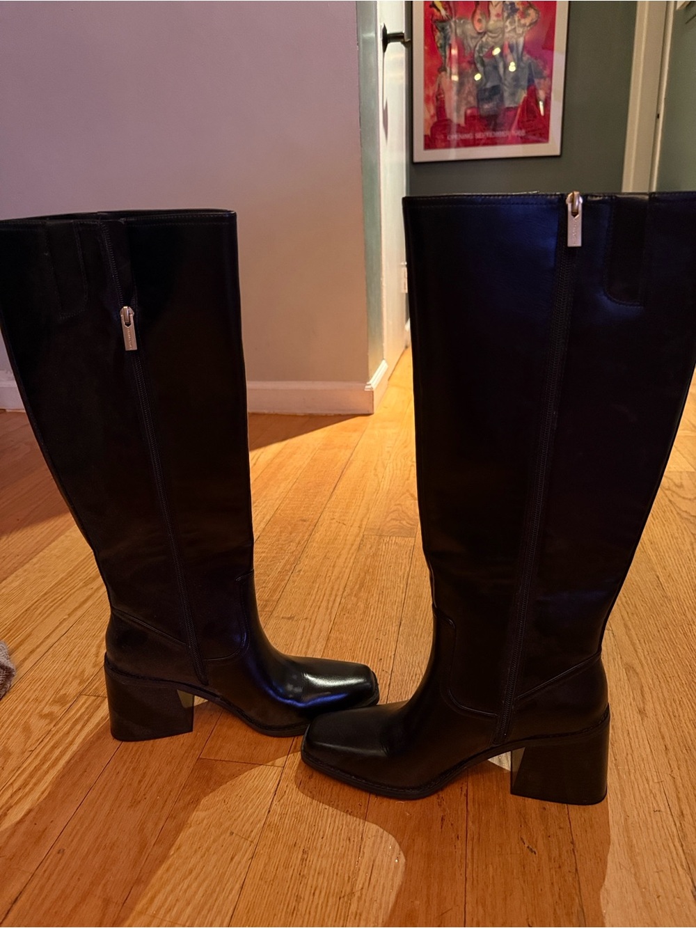Vince Camuto Satera Black Tall Square-Toe Leather Boots in 9M/40. Brand New.